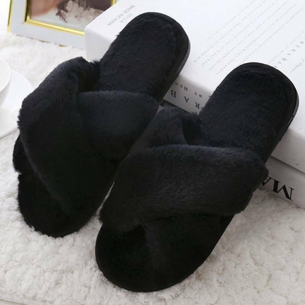Women Fur Fluffy Slippers Sliders Cross Over Open Toe Summer Mules 9.5 / 10.5 XL